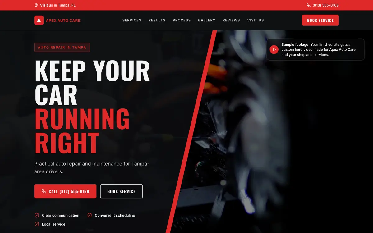 Example sample website for a fictional auto shop
